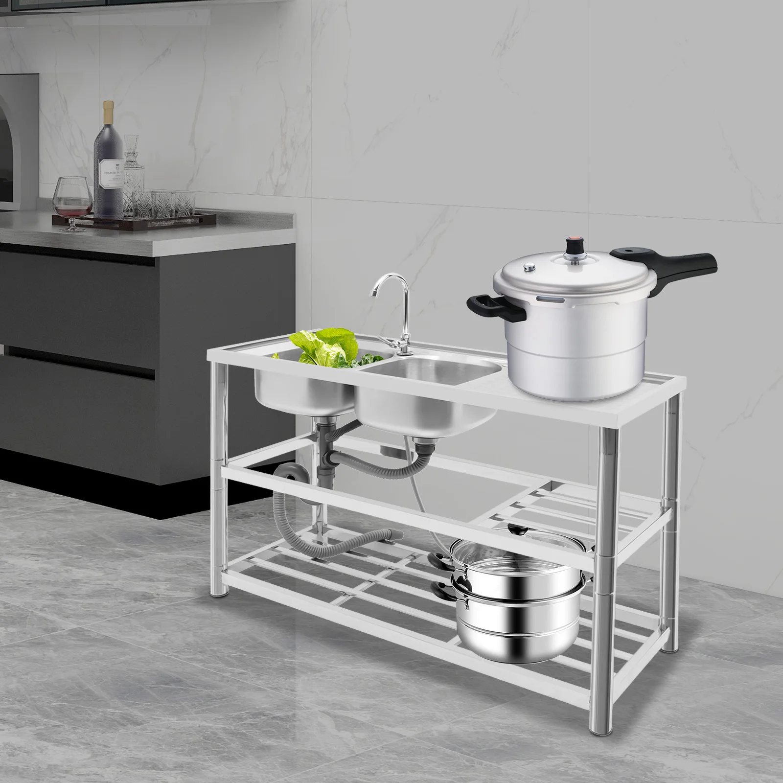 Commercial Kitchen Sink - Freestanding Stainless-Steel 2 Bowls Commercial Restaurant