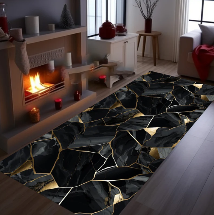 Commercial Kitchen Tile Flooring - Black and Gold Marble Runner Rug