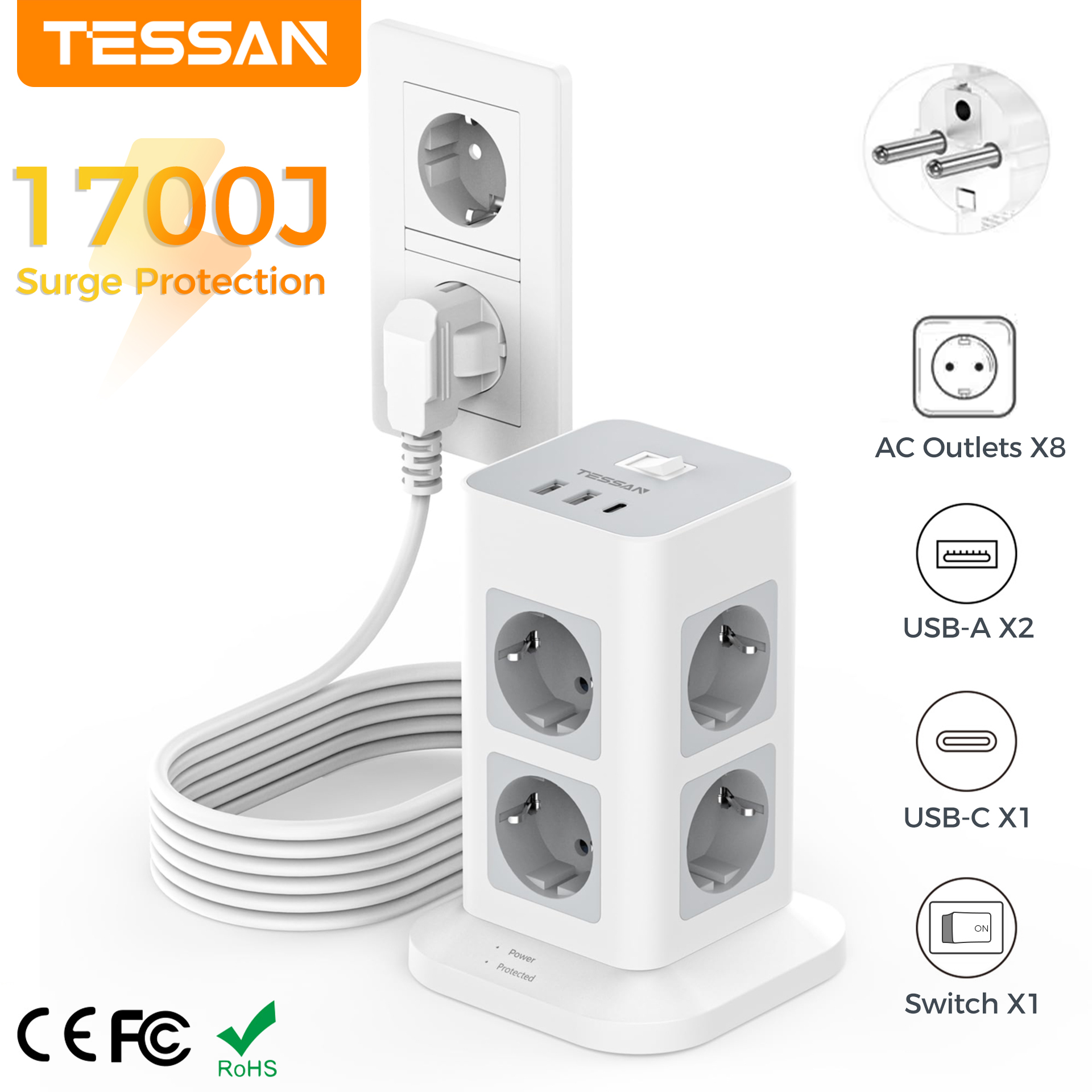 Commercial Kitchen Outlets - TESSAN Tower Power Strip Multi Outlets